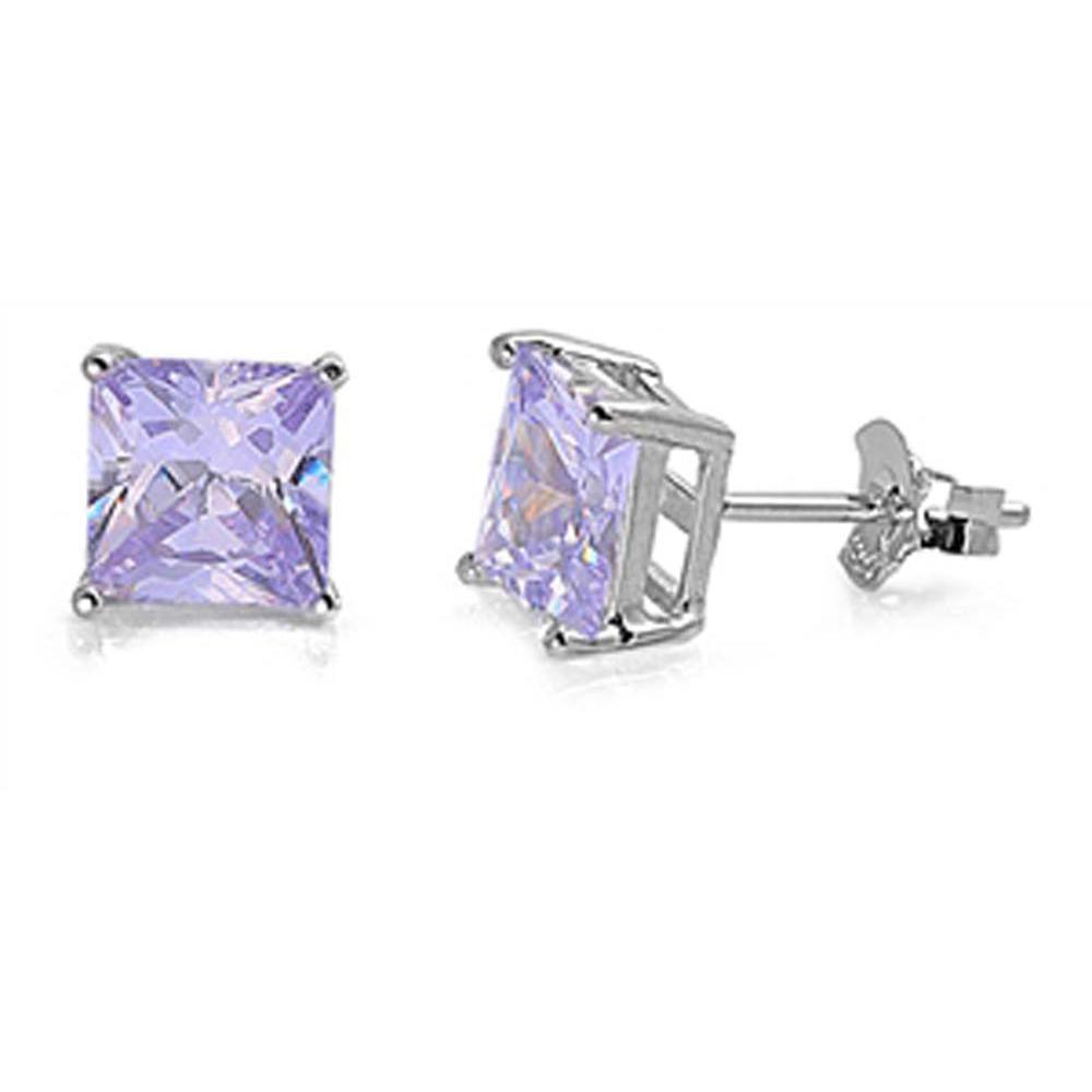 Sterling Silver Rhodium Plated 6mm Princess Cut Cz Stud Earring Set on Basket Prong Setting with Friction Back Post