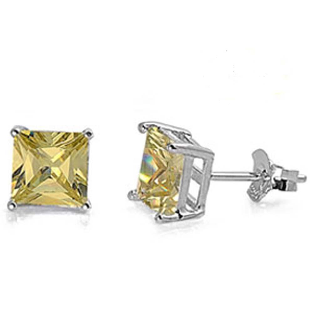 Sterling Silver Rhodium Plated Princess Cut Cz Stud Earring Set on Basket Prong Setting with Friction Back Post-5mm