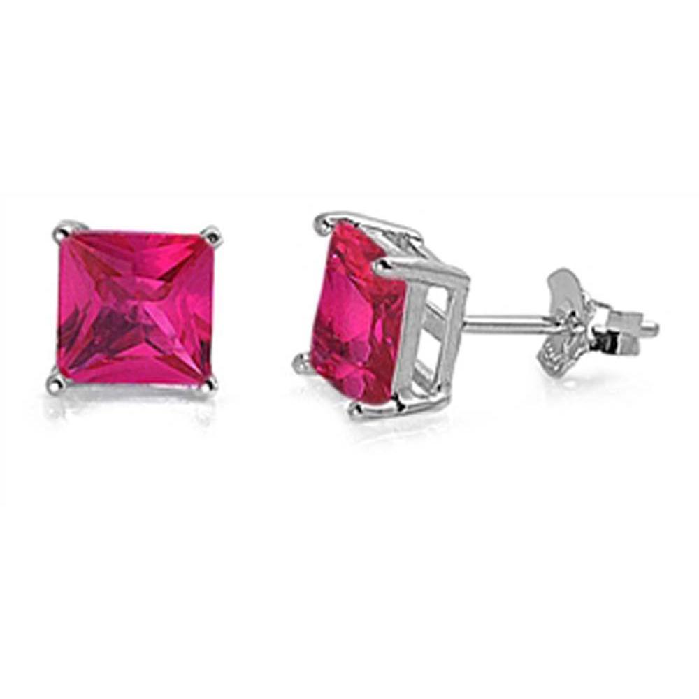 Sterling Silver Rhodium Plated Princess Cut Cz Stud Earring Set on Basket Prong Setting with Friction Back Post-6mm