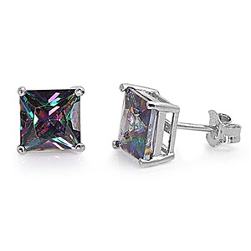 Sterling Silver Rhodium Plated Princess Cut Cz Stud Earring Set on Basket Prong Setting with Friction Back Post-4mm