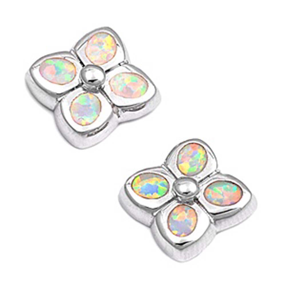 Sterling Silver Flower Shape With White Lab Opal EarringsAnd Earring Height 10mm