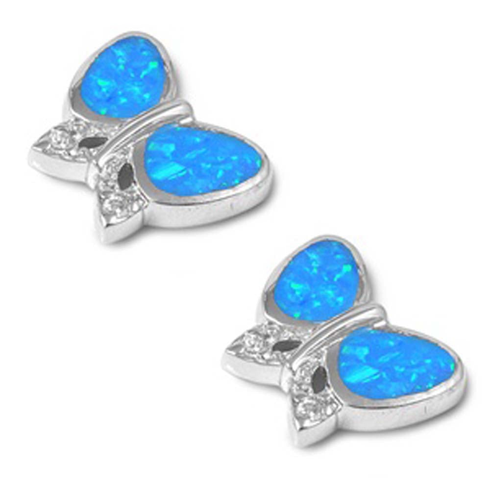 Sterling Silver Butterfly Shape With Blue Lab Opal Earrings With CZ StonesAnd Earring Height 11mm
