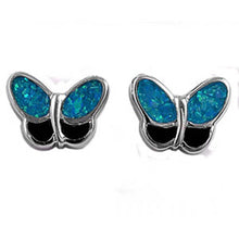 Load image into Gallery viewer, Sterling Silver Butterfly Shape With Blue Lab Opal Earrings With Black OnyxAnd Earring Height 16mm