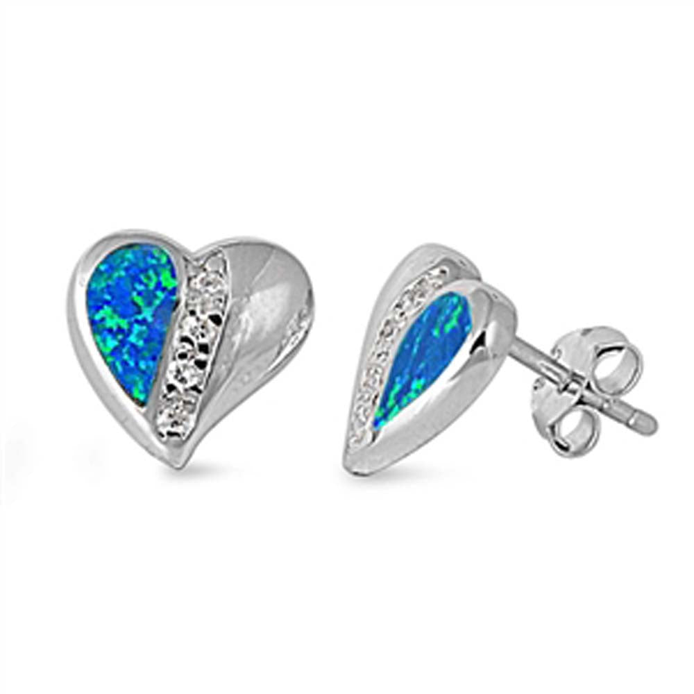 Sterling Silver Fancy Modish Heart Shape Half Blue Lab Opal and Half Plain with Clear CZ Stone in The Center Stud EarringAnd Earring Height of 9MM