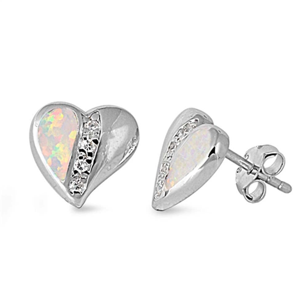 Sterling Silver Heart Shape With White Lab Opal Earrings With CZ StonesAnd Earring Height 10mm