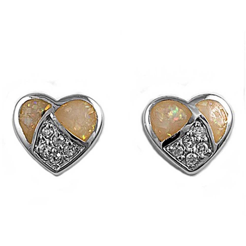 Sterling Silver Fancy Modish Heart With Lab Opal and Clear CZ Stone Stud EarringAnd Earring Height of 9MM