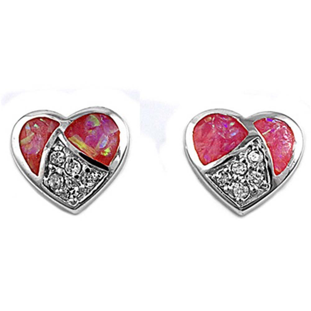 Sterling Silver Fancy Modish Heart With Pink Lab Opal and Clear CZ Stone Stud EarringAnd Earring Height of 9MM