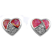 Load image into Gallery viewer, Sterling Silver Fancy Modish Heart With Pink Lab Opal and Clear CZ Stone Stud EarringAnd Earring Height of 9MM