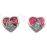 Sterling Silver Fancy Modish Heart With Pink Lab Opal and Clear CZ Stone Stud EarringAnd Earring Height of 9MM