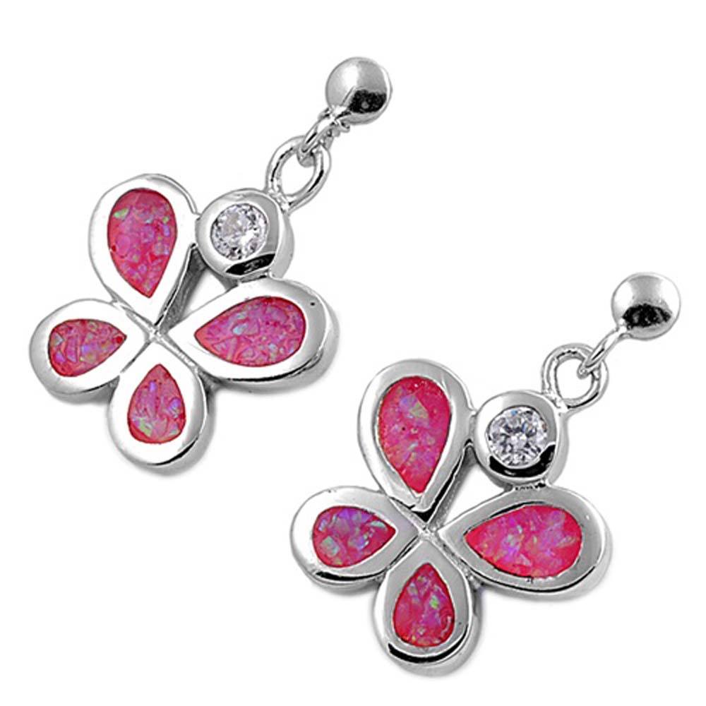 Sterling Silver Fancy Gorgeous Pink Lab Opal Butterfly with Clear CZ Stone Ball Stud EarringAnd Earring Height of 14MM