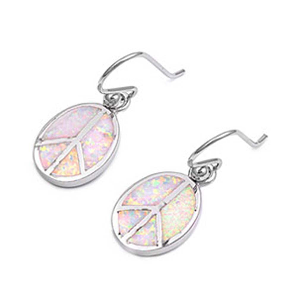 Sterling Silver Modish Pink Lab Opal Oval Peace Sign Earwire Style with Earring Height of 15MM