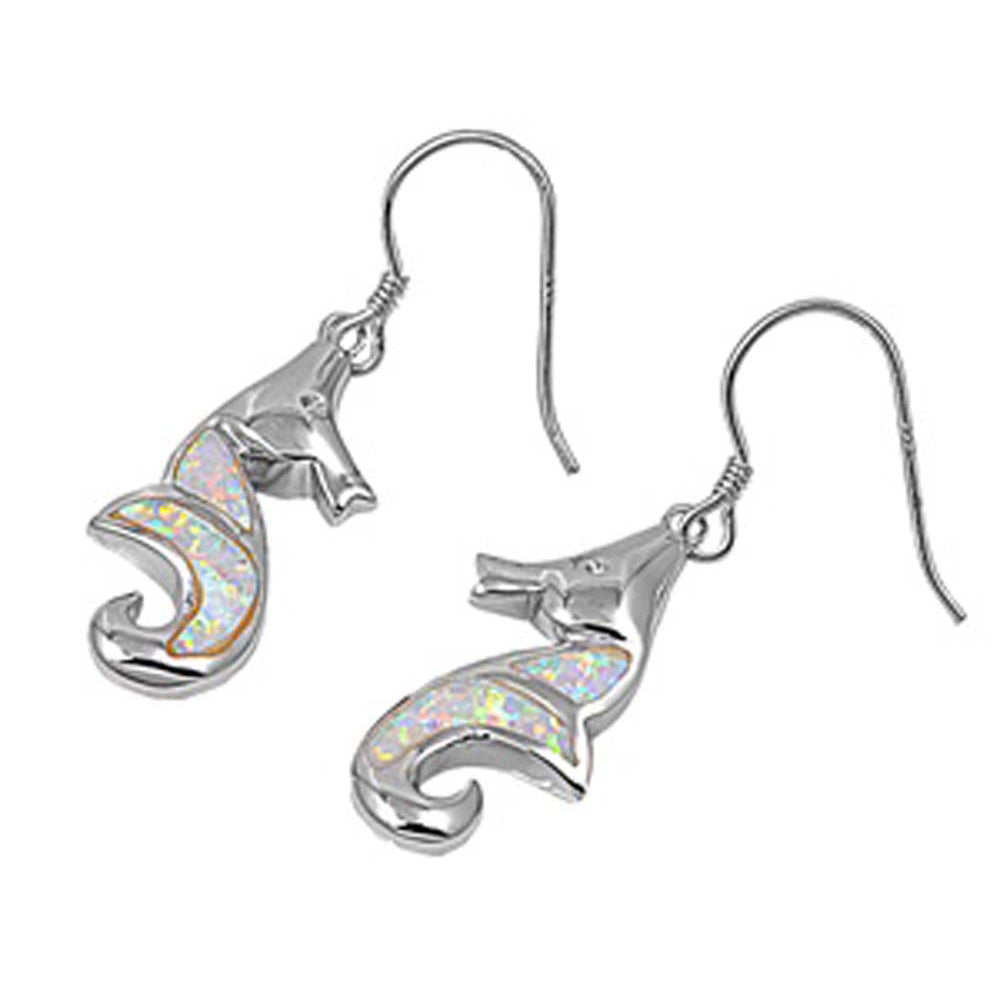 Sterling Silver Seahorse Shape With White Lab Opal EarringsAnd Earring Height 23mm