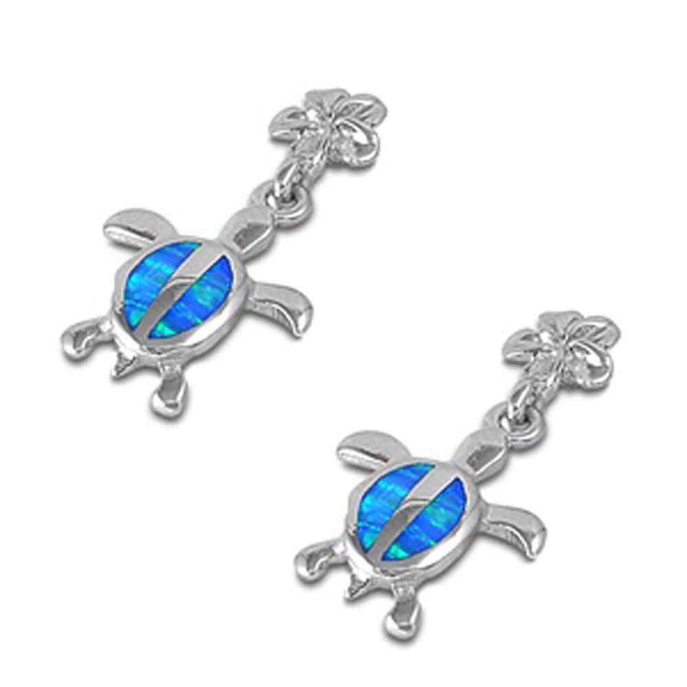 Sterling Silver Fancy Modish Blue Lab Opal Turtle with Flower Style Stud EarringAnd Earring Height of 14MM