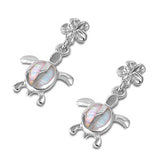 Sterling Silver Fancy Modish White Lab Opal Turtle with Flower Style Stud EarringAnd Earring Height of 14MM