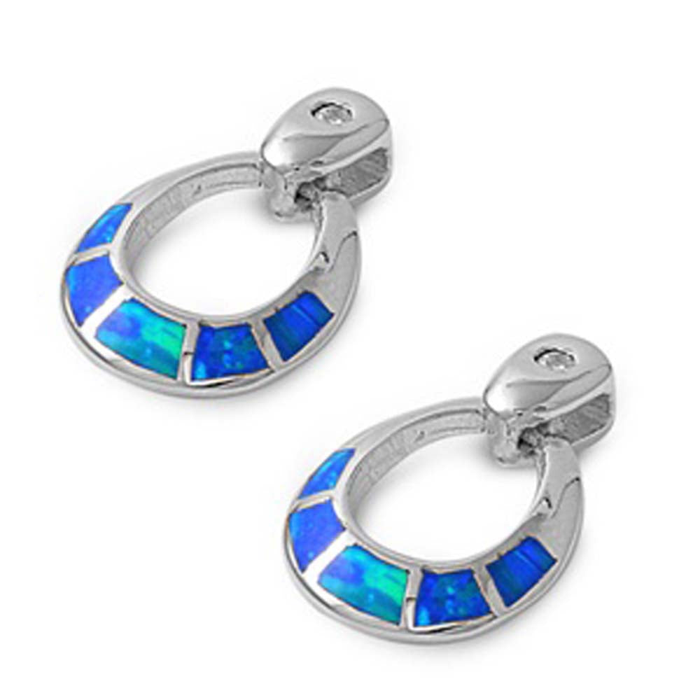 Sterling Silver Open Circle Shape with Blue Lab Opal Earrings, Height 19mm