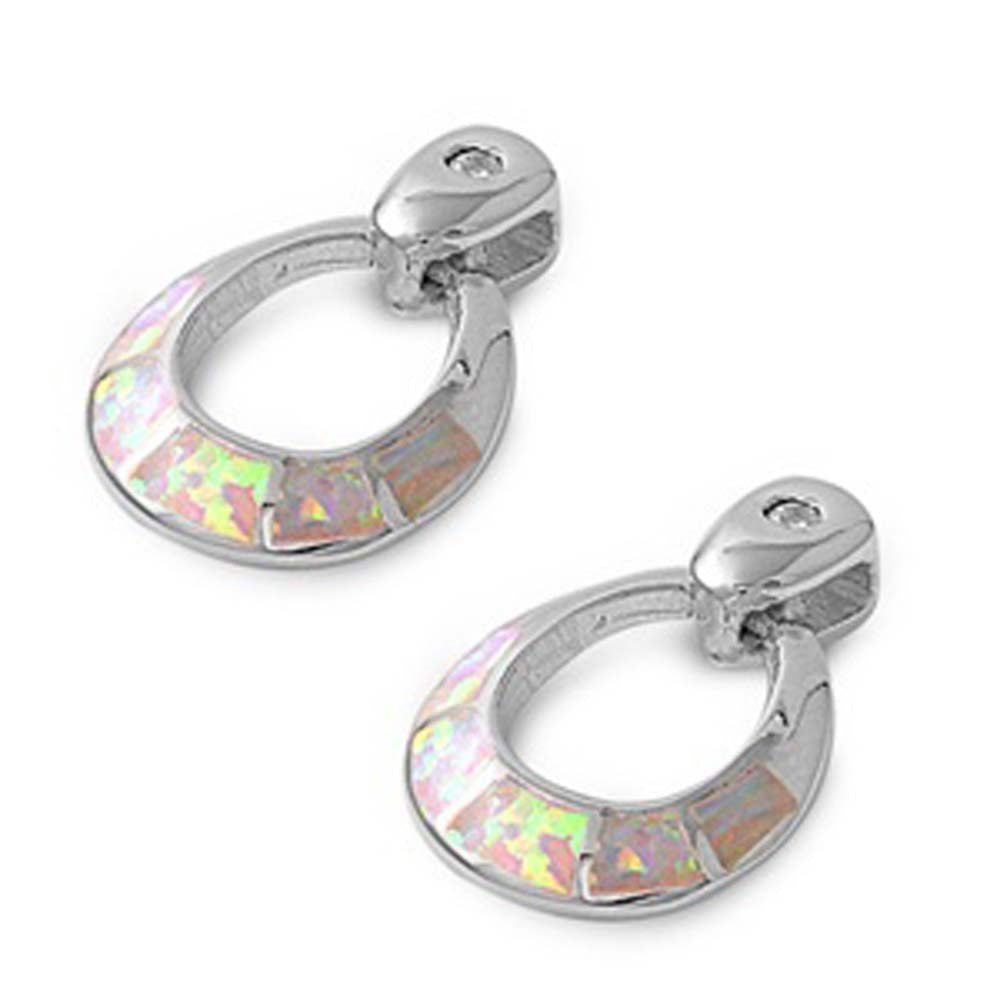 Sterling Silver Open Circle Shape With White Lab Opal EarringsAnd Earring Height 19mm