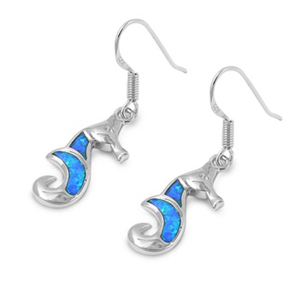 Sterling Silver Seahorse Shape With Blue Lab Opal EarringsAnd Earring Height 22mm
