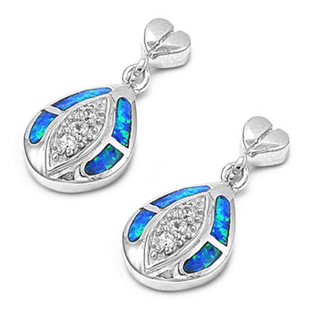 Sterling Silver Oval Shape With Blue Lab Opal Earrings With CZ StonesAnd Earring Height 21mm