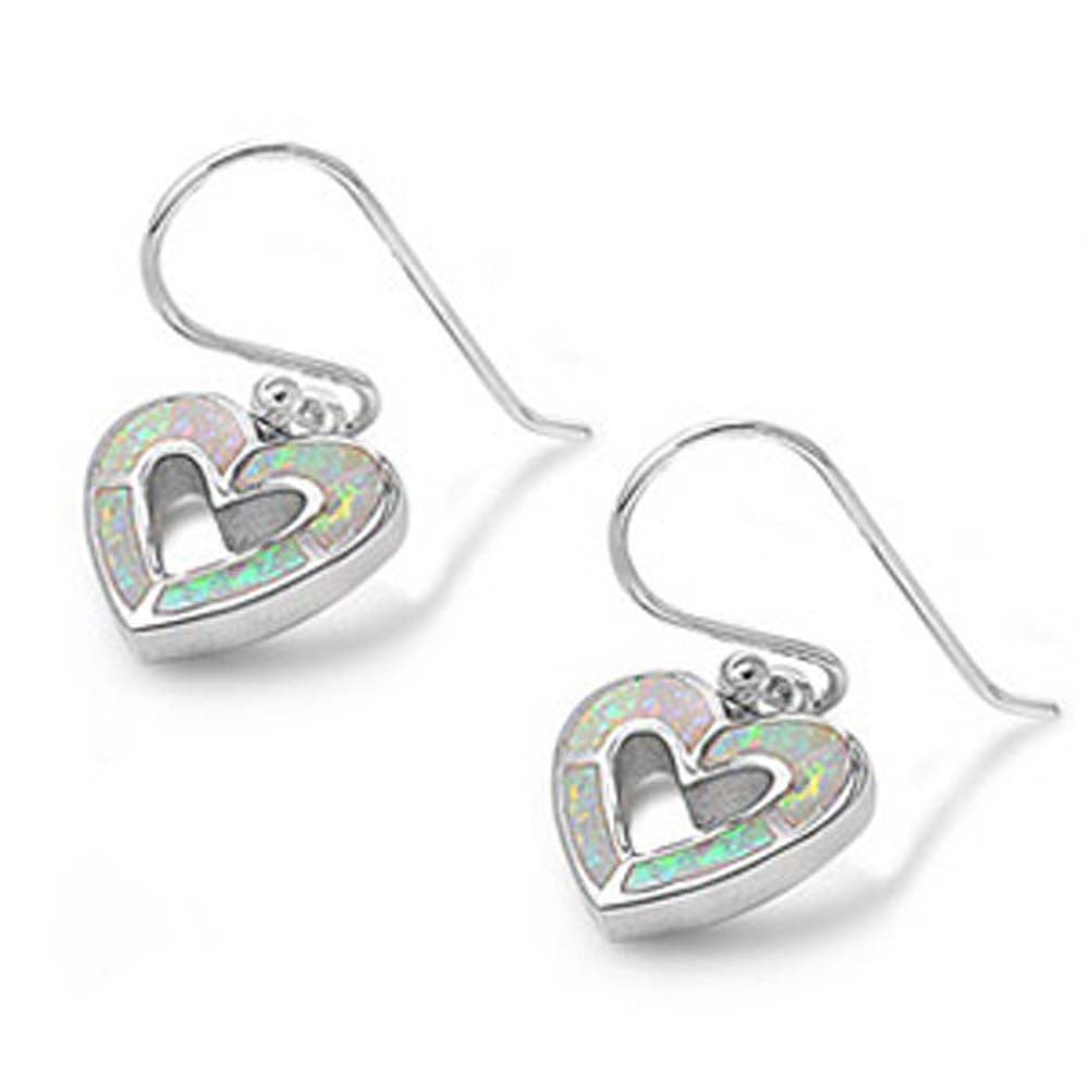 Sterling Silver Fancy White Lab Opal Open Cut Heart Shape Earwire Style with Earring Height of 11MM