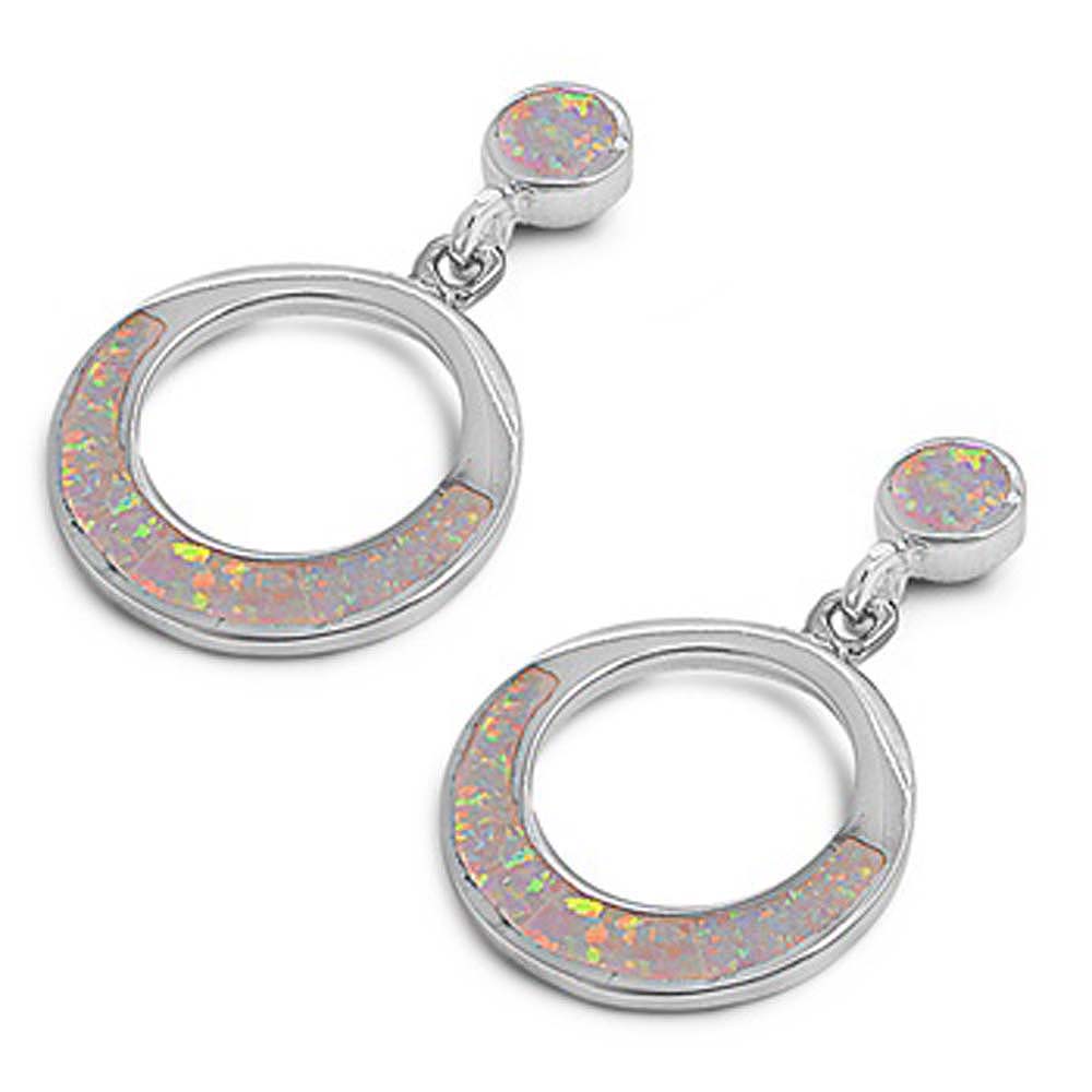 Sterling Silver Open Circles Shape With White Lab Opal EarringsAnd Earring Height 20mm