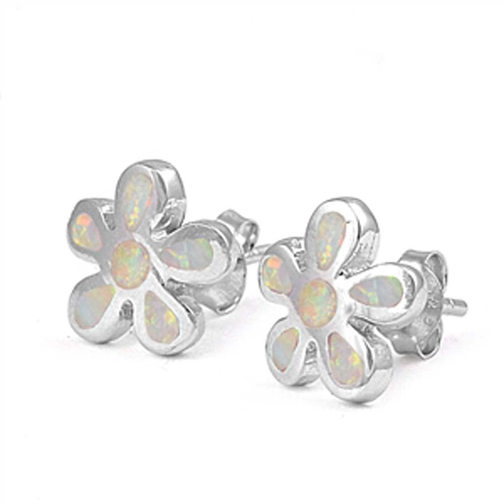 Sterling Silver Trendy White Lab Opal Plumeria Stud Earring with Earring Height of 10MM