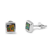 Sterling Silver Square Shape With Black Lab Opal EarringsAnd Earring Height 6mm