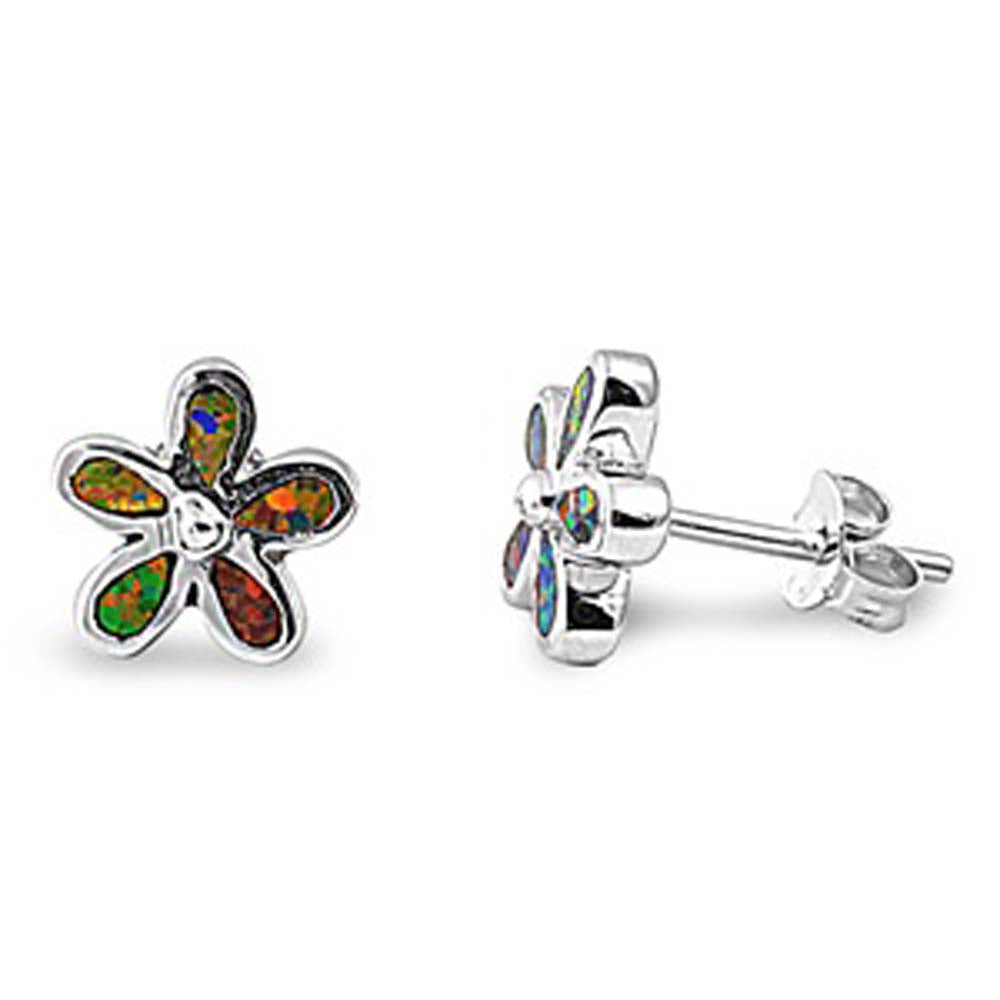 Sterling Silver Stylish Black Lab Opal Plumeria Stud Earring with Earring Height of 9MM