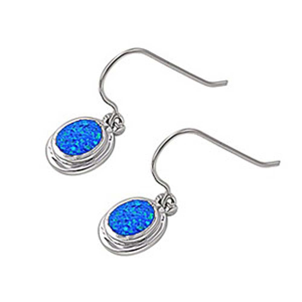 Sterling Silver Modish Plain Blue Lab Opal Oval Shape Earwire Style with Earring Height of 16MM