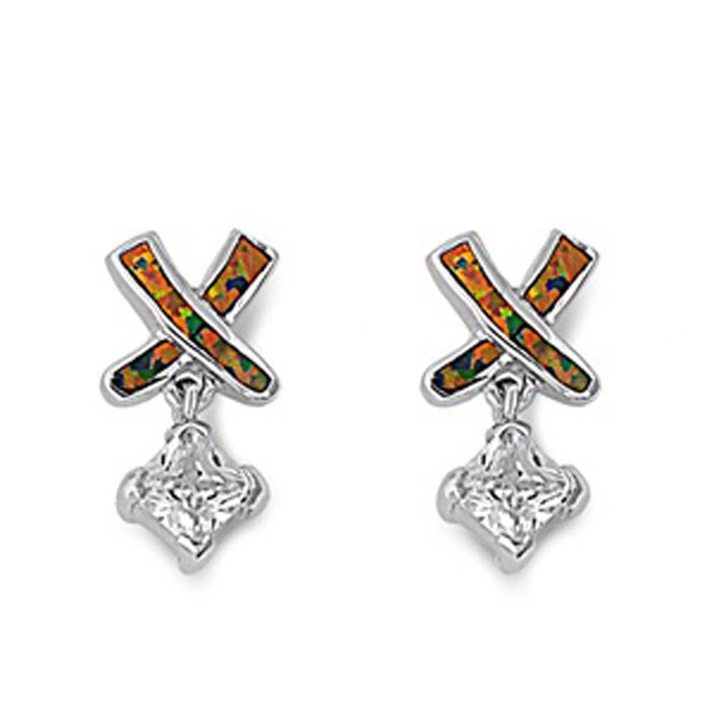 Sterling Silver Cross Shape With Black Lab Opal Earrings With Clear CZAnd Earring Height 21mm