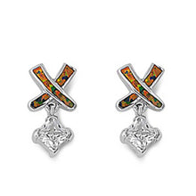 Load image into Gallery viewer, Sterling Silver Cross Shape With Black Lab Opal Earrings With Clear CZAnd Earring Height 21mm