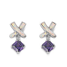 Load image into Gallery viewer, Sterling Silver Cross Shape With White Lab Opal Earrings With Amethyst CZAnd Earring Height 21mm