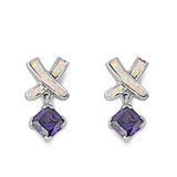 Sterling Silver Cross Shape With White Lab Opal Earrings With Amethyst CZAnd Earring Height 21mm