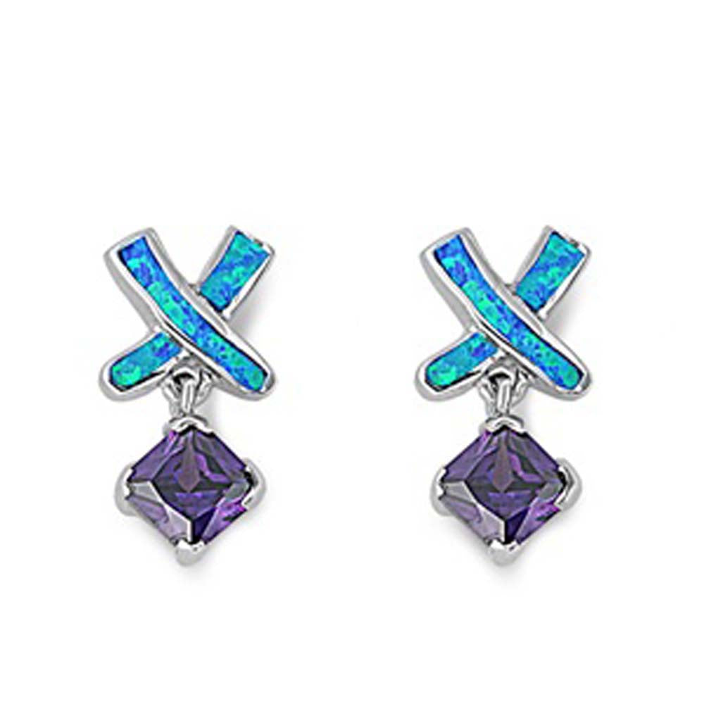 Sterling Silver Cross Shape With Blue Lab Opal Earrings With Amethyst CZAnd Earring Height 21mm