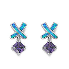 Load image into Gallery viewer, Sterling Silver Cross Shape With Blue Lab Opal Earrings With Amethyst CZAnd Earring Height 21mm