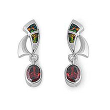 Load image into Gallery viewer, Sterling Silver Curve Shape With Black Lab Opal Earrings With Garnet Oval CZAnd Earring Height 26mm