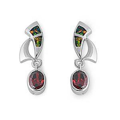 Sterling Silver Curve Shape With Black Lab Opal Earrings With Garnet Oval CZAnd Earring Height 26mm