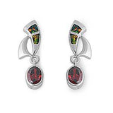 Sterling Silver Curve Shape With Black Lab Opal Earrings With Garnet Oval CZAnd Earring Height 26mm