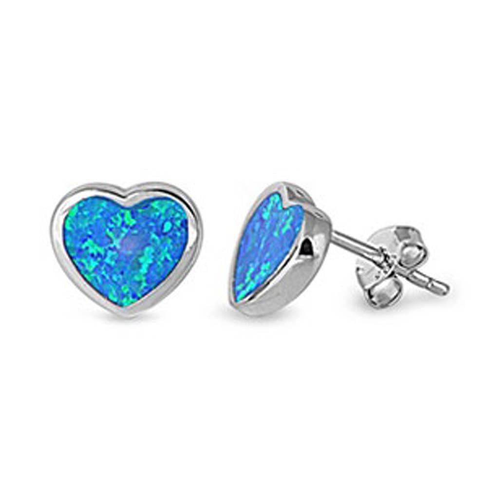 Sterling Silver Trendy Blue Lab Opal Heart Shape Stud Earring with Earring Height of 8MM