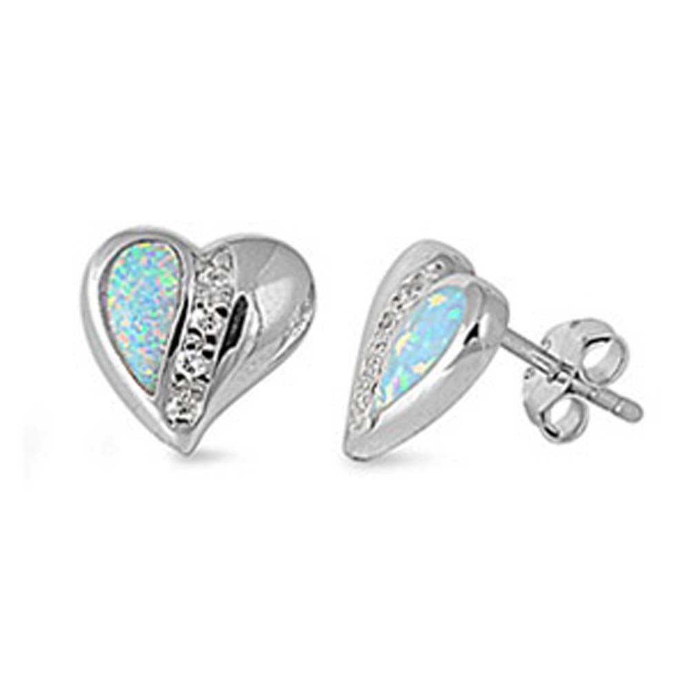 Sterling Silver Stylish Fancy Heart with Light Blue Lab Opal and Clear CZ Stud EarringAnd Earring Height of 10MM