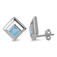 Load image into Gallery viewer, Sterling Silver Modish Diamon Cut with Light Blue Lab Opal Stud EarringAnd Earring Height of 10MM