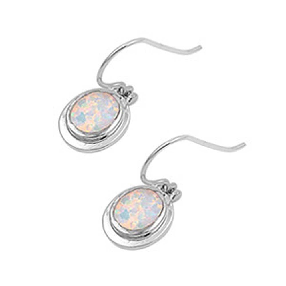 Sterling Silver Modish White Lab Opal Oval Shape Earwire Style with Earring Height of 15MM