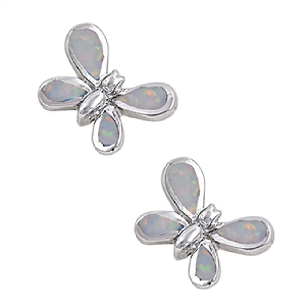 Sterling Silver Butterfly Shape With White Lab Opal EarringsAnd Earring Height 10mm