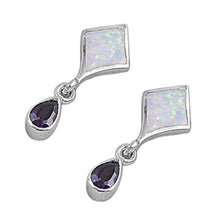 Load image into Gallery viewer, Sterling Silver Elegant Style White Lab Opal Diamod Shape with Pear Shape Amethyst CZ Stud EarringAnd Earring Height of 25MM