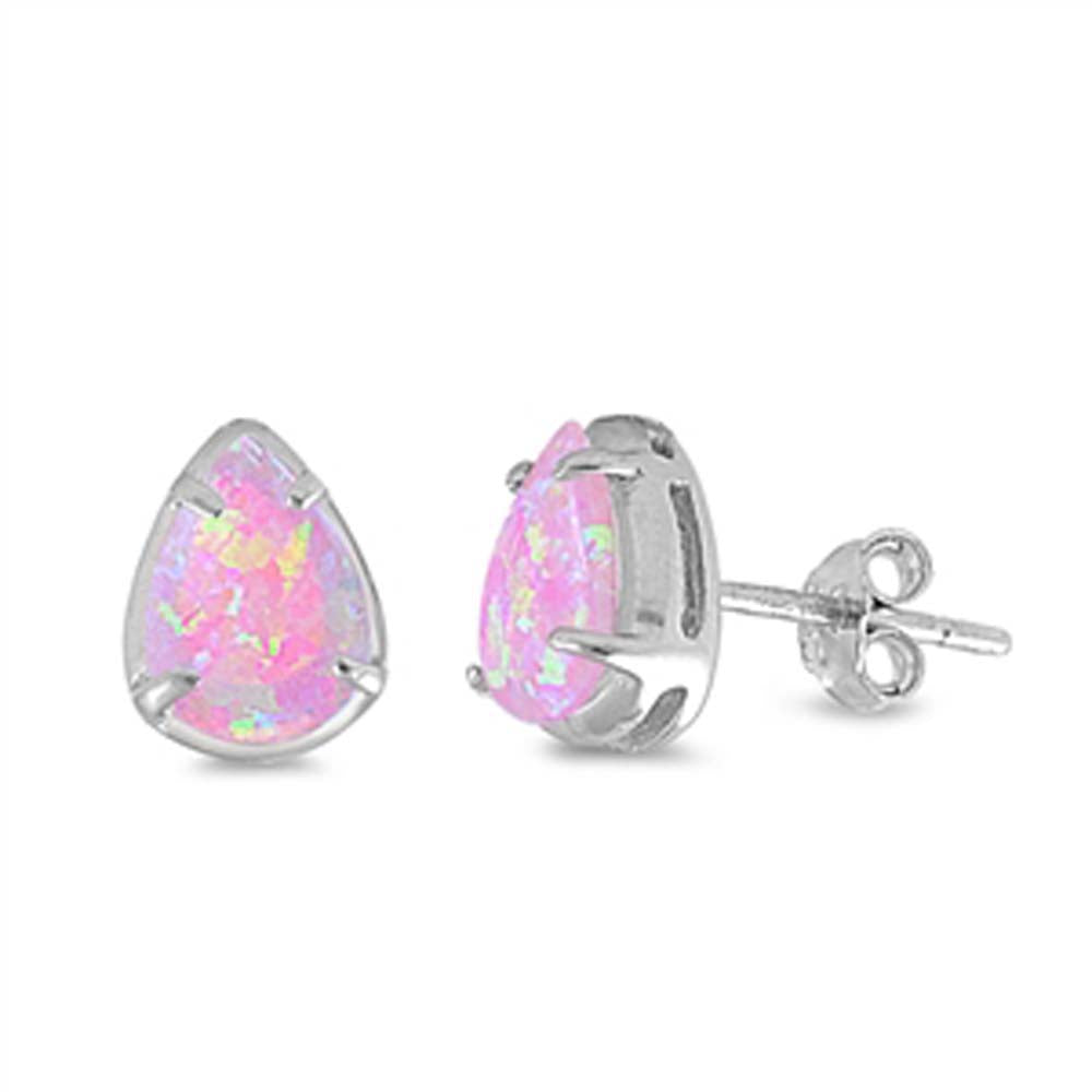 Sterling Silver Pear Shape With Pink Lab Opal EarringsAnd Earring Height 9mm