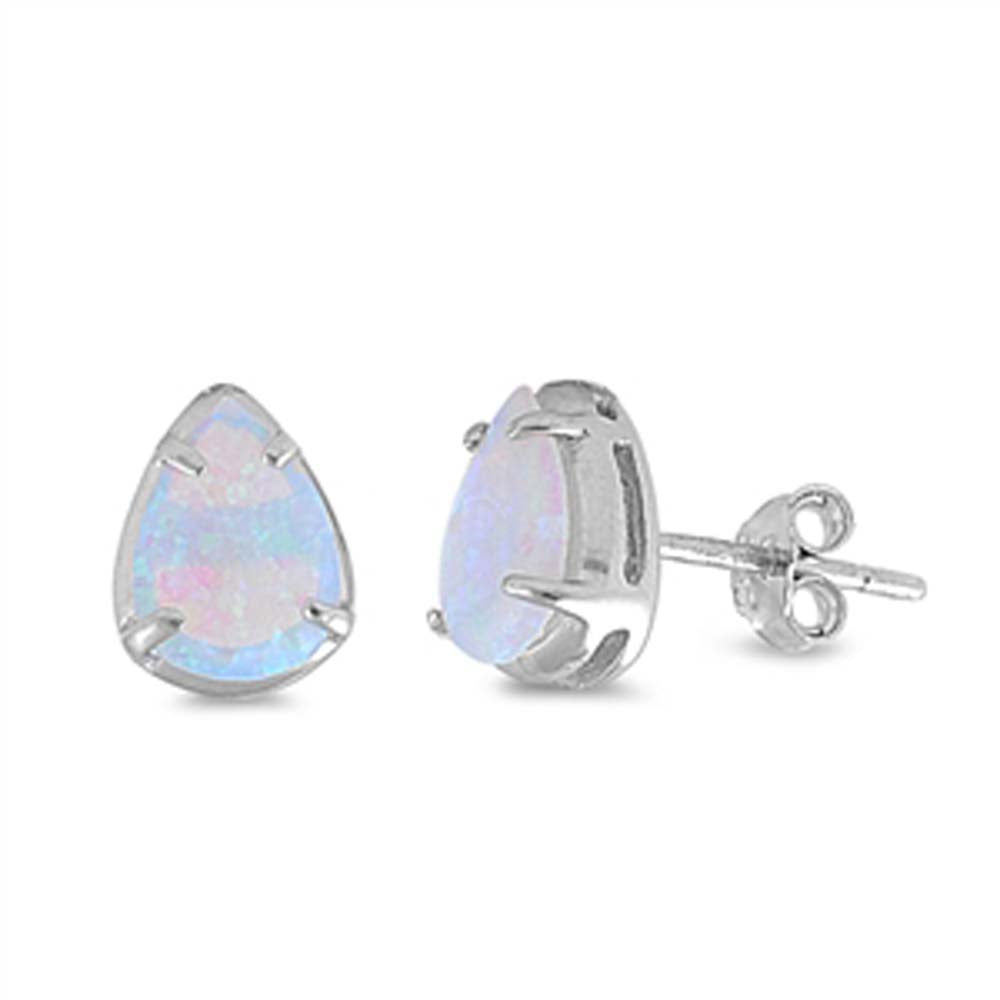 Sterling Silver Stylish White Lab Opal Pear Shape Stud Earring with Earring Height of 9MM