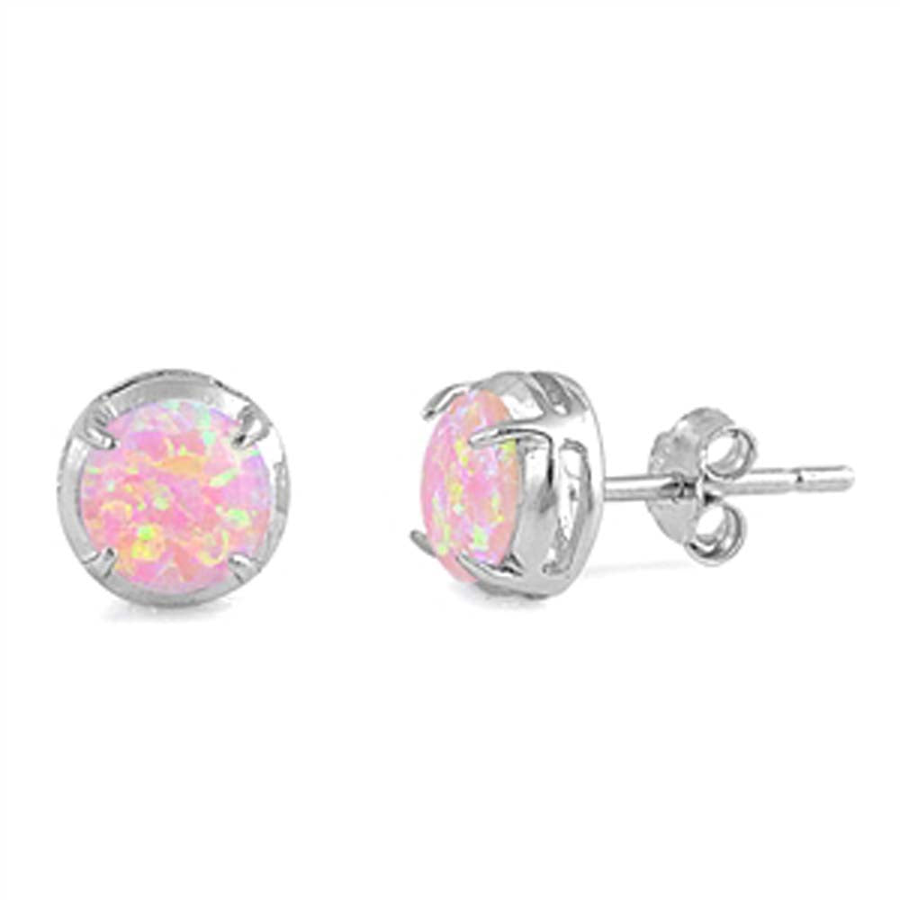Sterling Silver Round Shape with Pink Lab Opal Earrings, Earring Height 7mm