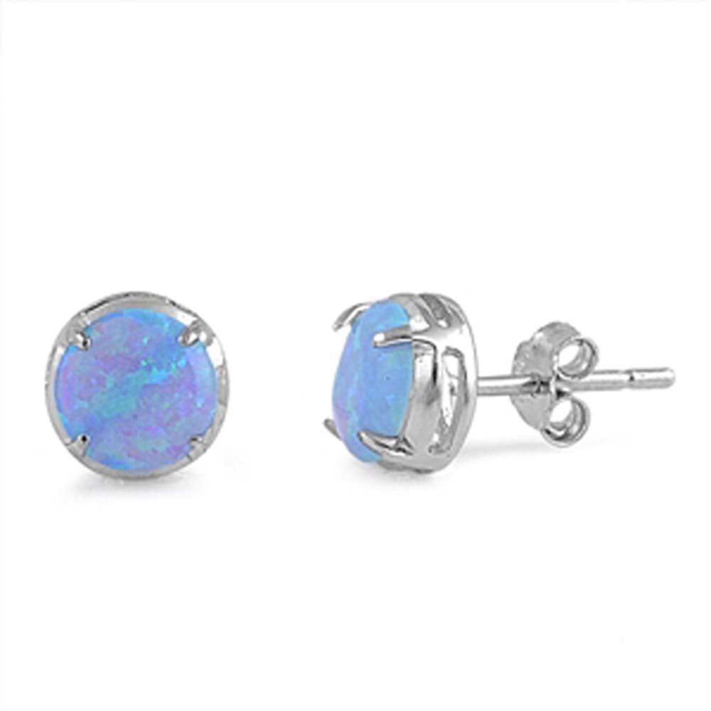 Sterling Silver Round Shape With Light Blue Lab Opal EarringsAnd Earring Height 7mm