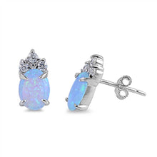 Load image into Gallery viewer, Sterling Silver Oval Shape With Light Blue Lab Opal Earrings With CZ StonesAnd Earring Height 12mm