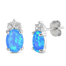 Load image into Gallery viewer, Sterling Silver Oval Shape With Blue Lab Opal Earrings With CZ StonesAnd Earring Height 12mm