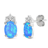 Sterling Silver Oval Shape With Blue Lab Opal Earrings With CZ StonesAnd Earring Height 12mm